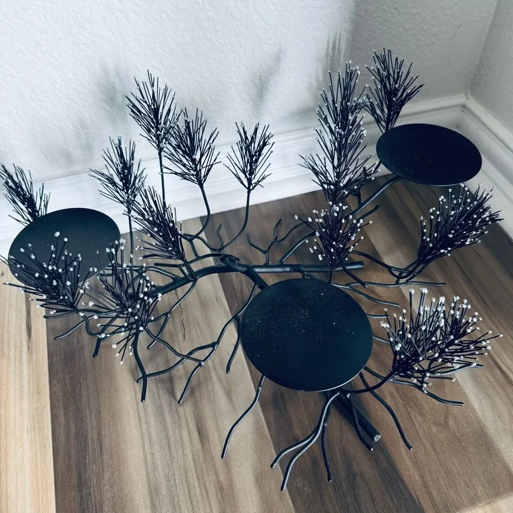 Black Metal Pine Branch Holiday Candle Holder Decor Centerpiece